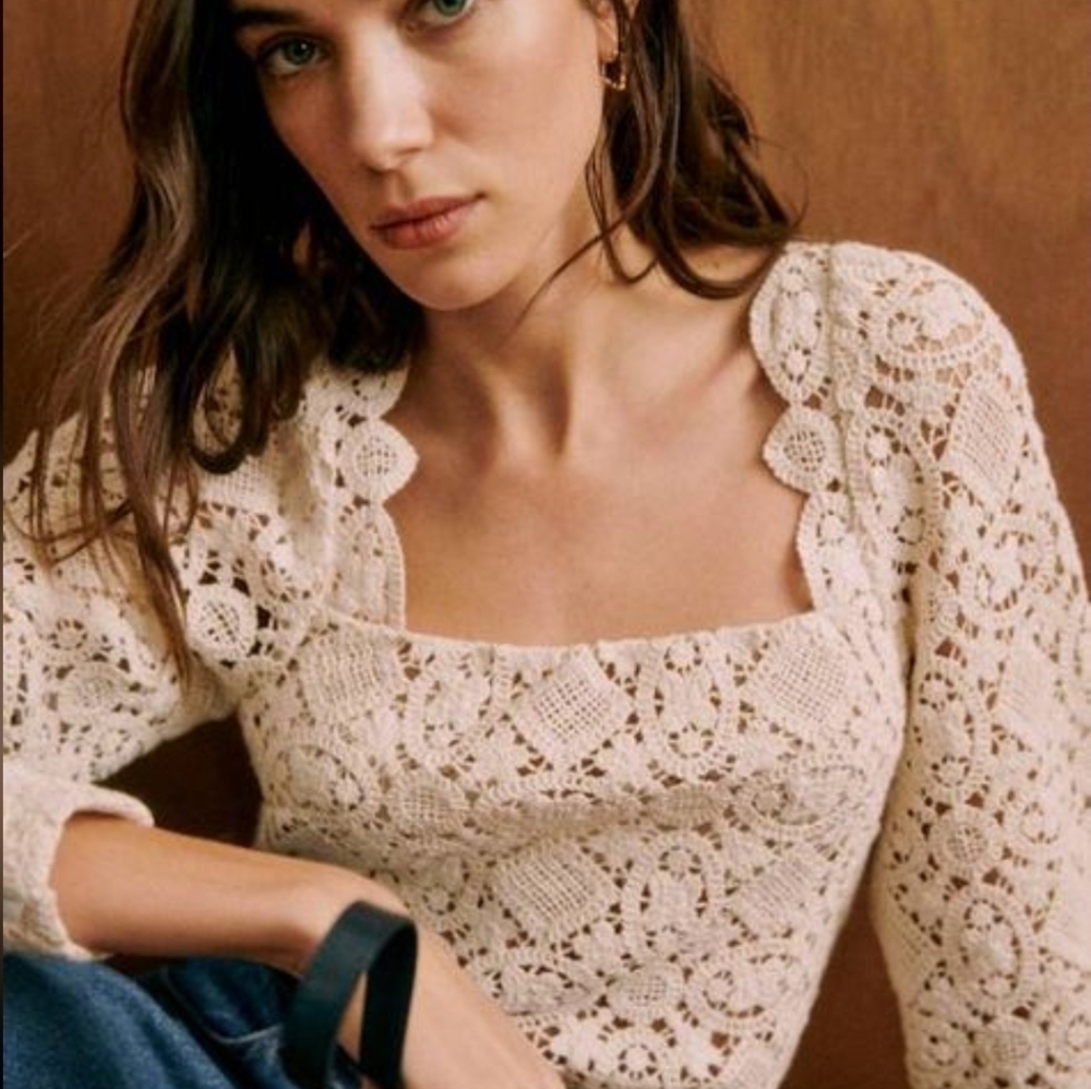 Sézane Alvere Cream Lace Blouse EU 46 Romantic Sheer Crochet Top Parisian Style